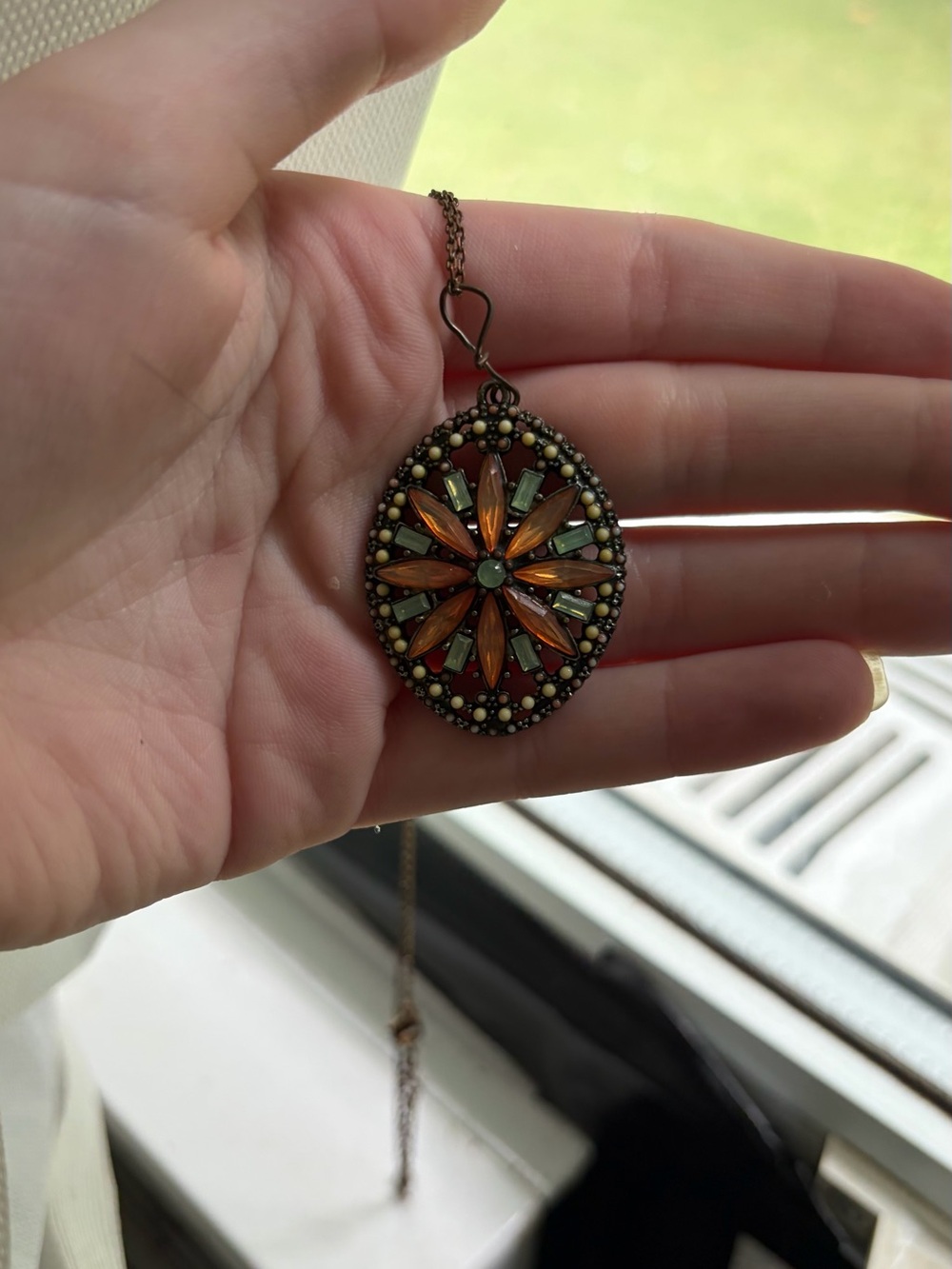 Vintage-Style Bronze Pendant Necklace with Orange and Green Accents